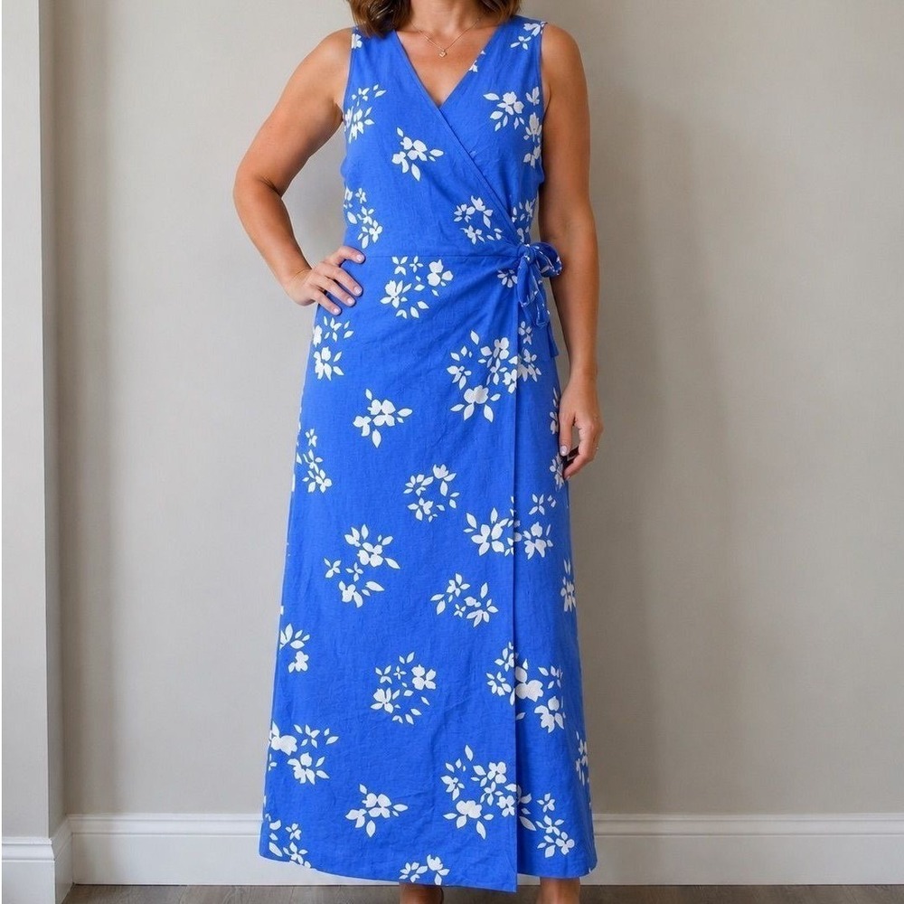 Ann Taylor Maritime Blue White Floral Linen Blend Wrap Maxi Dress Size 12/L - Picture 1 of 11